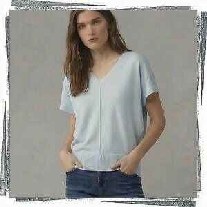 Light Blue 100% Cotton Double V-Neck Slouchy Sweater (S) Moth